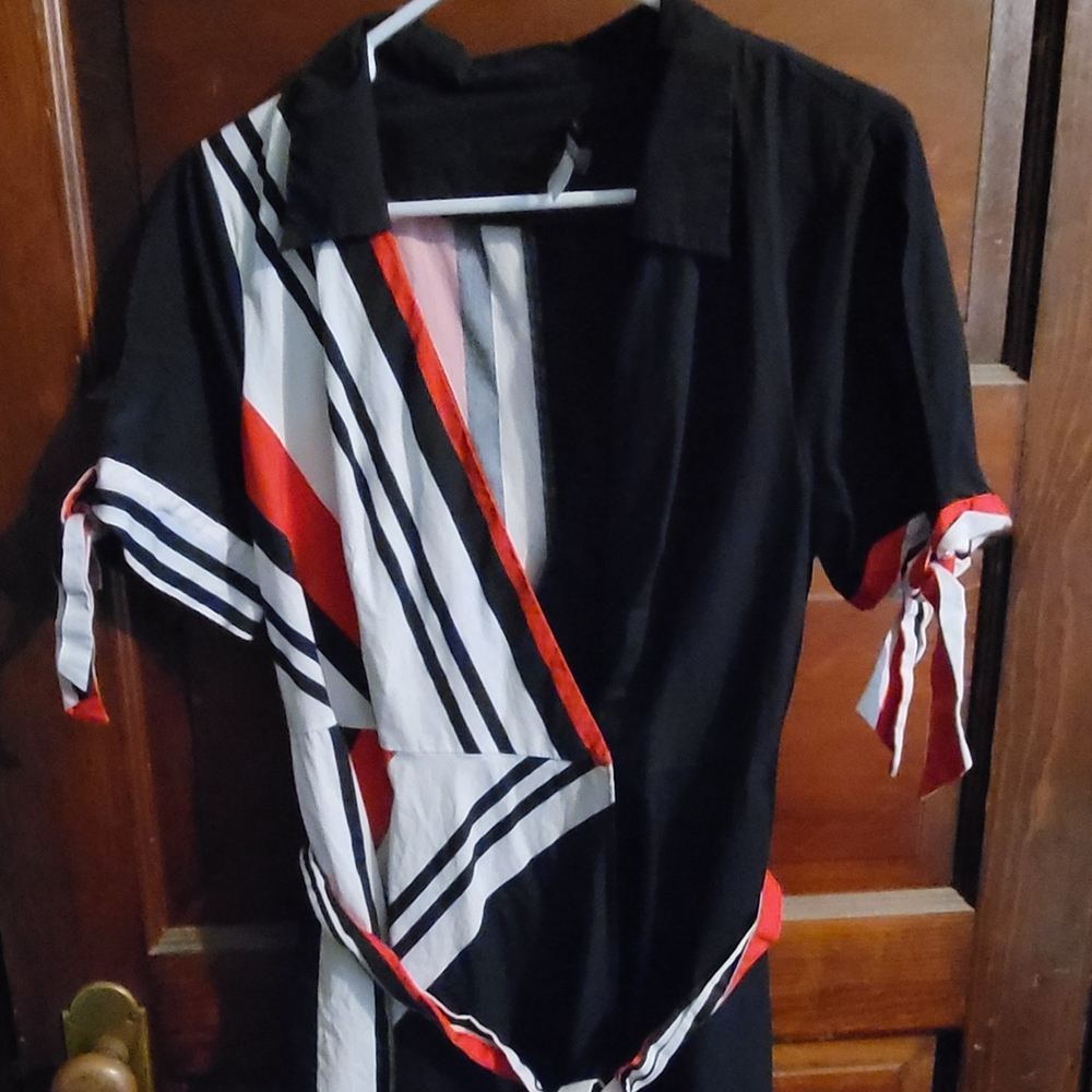 VENUS Blue, White and Red Casual Button Down Cotton Dress